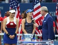 US Open 2017 women`s doubles champions Martina Hingis of Switzerland R and Chan Yung-Jan of Taiwan during trophy presentation