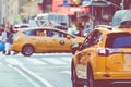 NEW YORK - SEPTEMBER 2, 2018: Yellow cab speeds through Times Sq Royalty Free Stock Photo