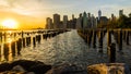 New York Skyline Cityscape Lower Manhatten World Trade Center Freedom Tower from Brooklyn Bridge Park Pier Royalty Free Stock Photo