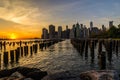 New York Skyline Cityscape Lower Manhatten World Trade Center Freedom Tower from Brooklyn Bridge Park Pier Royalty Free Stock Photo