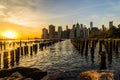 New York Skyline Cityscape Lower Manhatten World Trade Center Freedom Tower from Brooklyn Bridge Park Pier Royalty Free Stock Photo