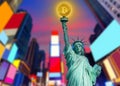 New york skyline with liberty holding bitcoin