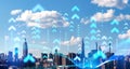 New York skyline and rising arrows, smart city and digital connection Royalty Free Stock Photo