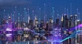 New York skyline and rising arrows, smart city and digital connection Royalty Free Stock Photo