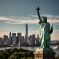 New York skyline on a sunny afternoon very close Statue of Liberty