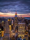 New York skyline from Top of the Rock Rockefeller center in USA at sunset blue hour