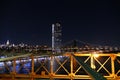 New York skyline view, Brooklyn Bridge at night, Manhattan buildings and skyscrapers Royalty Free Stock Photo