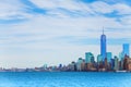 New York skyscrapers view from waters of harbor