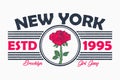 New York slogan typography with rose flower. Brooklyn girls t-shirt graphics in retro style with grunge. Vector.