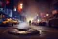 New York smoking manhole at night