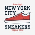 New York, Sneakers - typography for design clothes, t-shirt with athletic shoes. Graphics for print product, apparel. Vector.