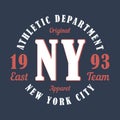 New York sports apparel. Typography emblem for t-shirt. Design for athletic clothes print. Vector. Royalty Free Stock Photo