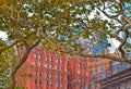 new york spring with green leaves and classic and modern architecture in lower manhattan financial district with water Royalty Free Stock Photo