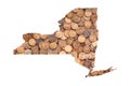 New York State Map Outline and United States Money Concept, Piles of Coins, Pennies