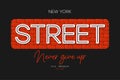 New York t-shirt print with slogan - never give up. Brooklyn street wear design with brick wall. Typography graphics for apparel.