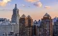 Aerial view of the iconic skyline and skyscrapers of New York Lower Manhattan on a cloudy day before sunset Royalty Free Stock Photo