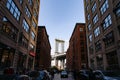 New York, United States of America  - October 21, 2018 Manhattan bridge seen from a red brick buildings in Brooklyn Royalty Free Stock Photo