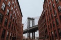 New York, United States of America , Pillar of Manhattan Bridge as seen from an alley in Dumbo district in Brooklyn Royalty Free Stock Photo