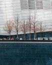 Vertical view over the South tower pool across to the 9.11 memorial museum, New York