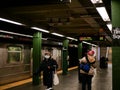 New York, United States, USA March 24, 2020: empty 42 times square street subway during coronavirus, covid19 outbreak