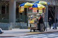 New York, US - March 31, 2018: Man selling street food and hot d Royalty Free Stock Photo