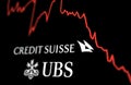 New York, US, March 2023: White Credit Suisse logo on a stock market performance chart trends. In March 2023, UBS bought Credit Royalty Free Stock Photo