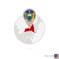 New York US State map and flag in circle. Map of New York, New York flag pin. Map of New York in the style of the globe Royalty Free Stock Photo