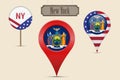 New York US state round flag. Map pin, red map marker, location pointer. Hanging wood sign. Vector illustration Royalty Free Stock Photo