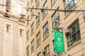 NEW YORK, USA - APRIL 28, 2018: Hanging shoes in Dumbo, Brooklyn