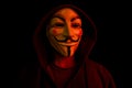 New York, USA - 22 april 2021: man wearing vendetta mask with hoodie on black background. This mask is symbol for Anonymous