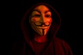 New York, USA - 22 april 2021: man wearing vendetta mask with hoodie on black background. This mask is symbol for Anonymous