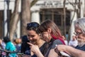 NEW YORK, USA - APRIL 14, 2018: Newyorkers and tourists in the Park, West Village, New York