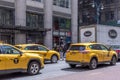 Police officers ride their horses downtown in New York on 5th Avenue. New York Horse Police patrol the streets in busy traffic Royalty Free Stock Photo