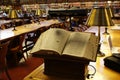 New york, usa- August 13, 2008: Ancient book, treaty of biology, opened in a lectern in a public library, headquarters of the