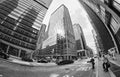 Black and white fisheye lens picture of Manhattan cityscape. Royalty Free Stock Photo