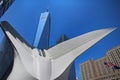 New York, USA Ã¢â¬â August 24, 2018: Exterior of the building One World Trade Center and Oculus ribs WTC Transportation Hub in New