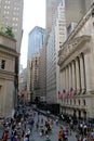 From Federal Hall, pedestrians walk along Broad Street past the New York Stock Exchange Royalty Free Stock Photo