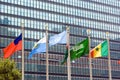 New york, usa- August 15, 2008: Flag of the UN and other countries waving in front of the official headquarters building Royalty Free Stock Photo