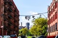 New York, USA - August 15, 2008: Pairs of sneakers hanging by street gangs from power lines on the streets of an American city