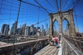 New York, USA Ã¢â¬â August 23, 2018: People on pedestrian walkway on the Brooklyn Bridge, this bridge connects Manhattan and