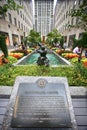 Rockefeller Plaza, Beautiful blooming flower, fountain and sculpture in the Channel Gardens at