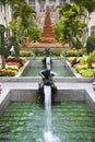 New York, USA Ã¢â¬â August 23, 2018: Rockefeller Plaza, Beautiful blooming flower, fountain and sculpture in the Channel Gardens at