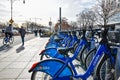 New York, USA. Citi Bike rental service on the Hudson River Greenway.