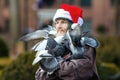 New York, USA - December 2017, - homeless man in christmas hat on the street with pigeons on body