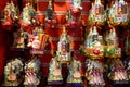 New York, USA - December 25, 2019: Lot colorful and multicolor christmas tree toys on Xmas market in New York. Rich selection