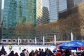 New York, USA - December 25, 2019: People waiting to skate on rink of Bryant Park in Midtown Manhattan, NYC, on Christmas Eve. Royalty Free Stock Photo