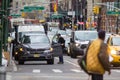 NEW YORK, USA - Decembre 2017: busy road in a big city with lots of cars and people