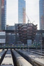 NEW YORK, USA - Decembre 2017: cityscape: trains depot, construction, skyscrapers and hive-stairs