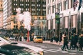 Taxis, people and steam pipe on Fifth Avenue in New York Royalty Free Stock Photo