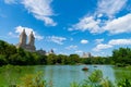 New York, USA - July 22, 2023: central park in new york city with landscape of pond and building of manhattan in spring Royalty Free Stock Photo
